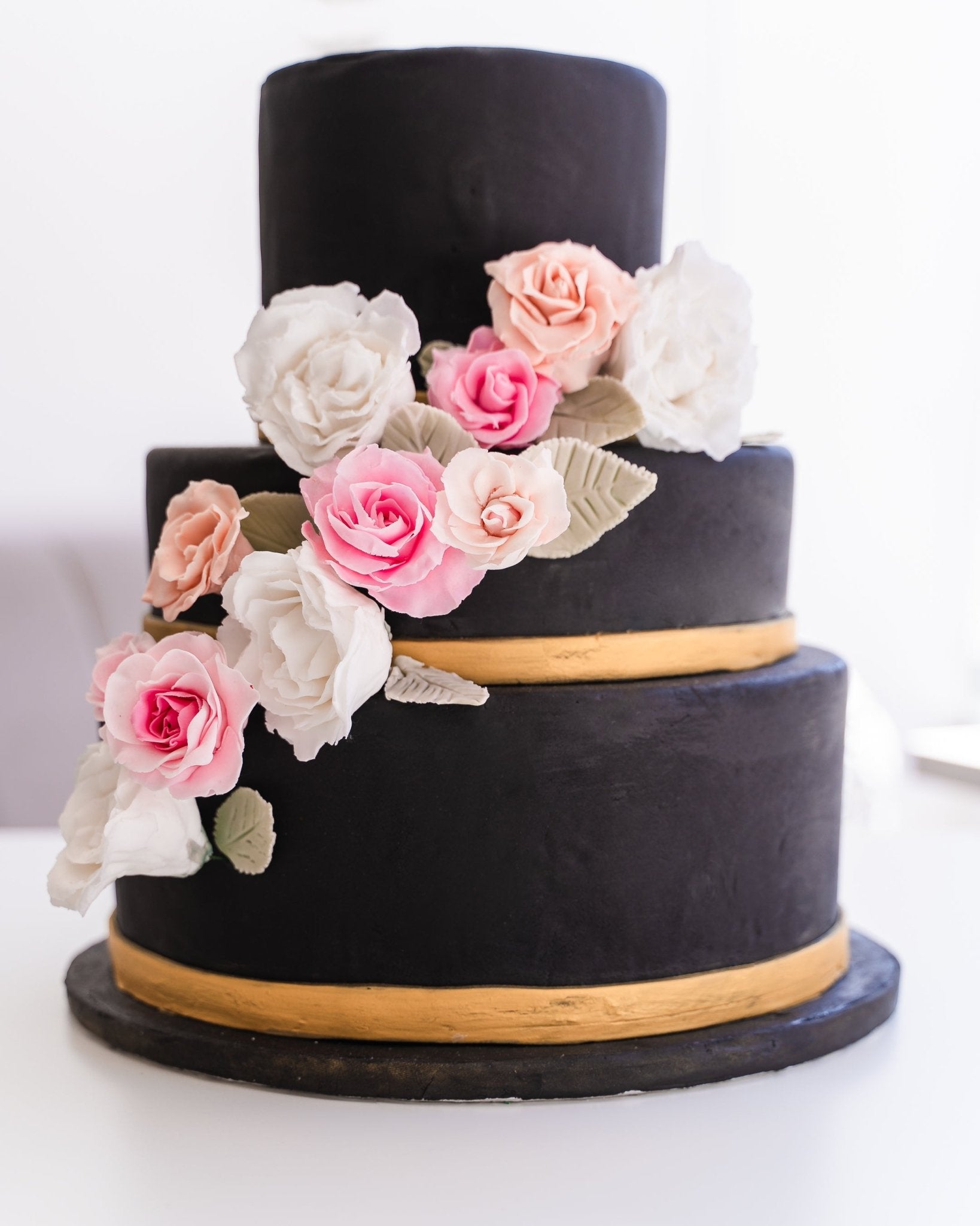 Black & Gold Rose Wedding Cake - Jack and Beyond