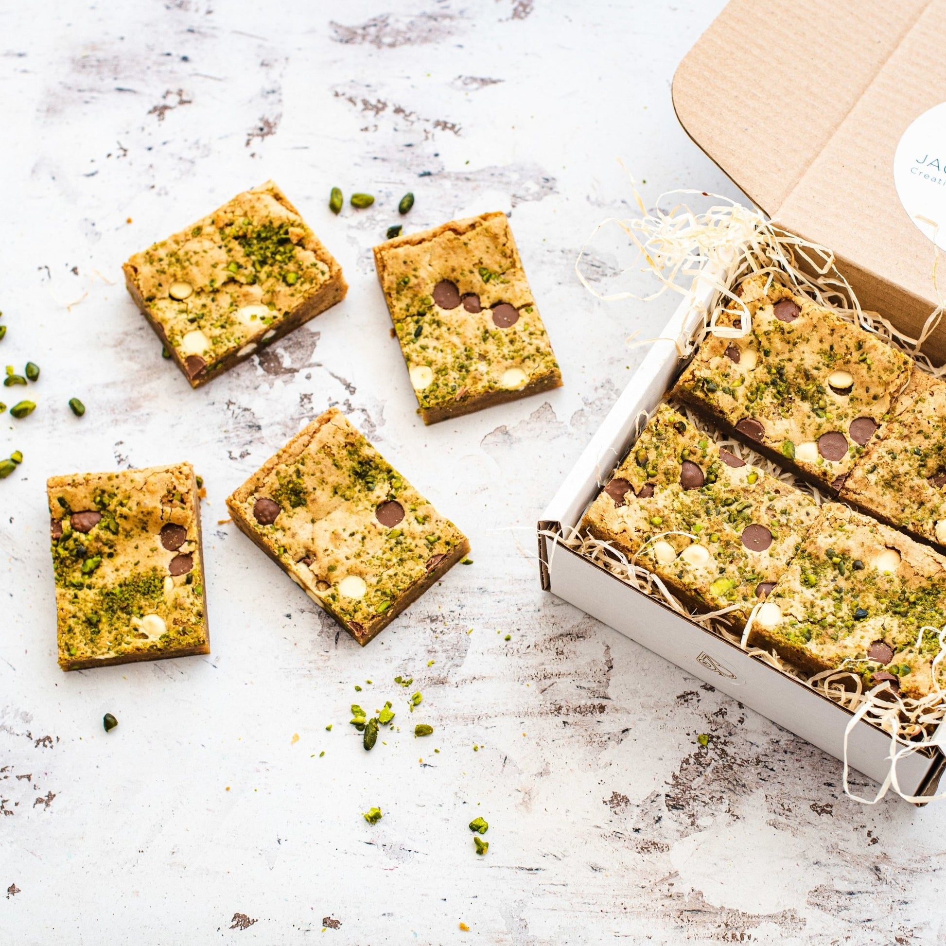 White Chocolate & Pistachio Blondie Box of 8 - Jack and Beyond